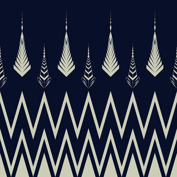 Abstract seamless tribal geometric pattern with zigzag lines and arrow motifs in dark blue and beige. Perfect for textile, wallpaper, wrapping paper, and digital design.