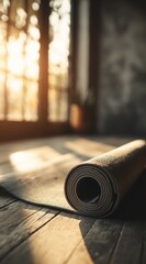 A rolled yoga mat sits on a wooden floor, bathed in the warm glow of sunlight filtering through a window.