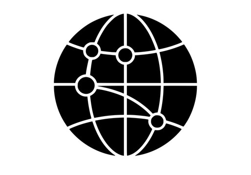 Vector art of black and white minimalist globe icon with network nodes representing global connectivity