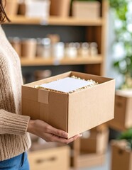 A woman with a joyful expression holds an open box filled with colorful, delicious food, showcasing a variety of dishes and vibrant ingredients.