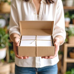 A woman with long brown hair smiles as she holds up an open box revealing two smaller boxes inside, showcasing excitement and curiosity.