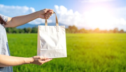 A cheerful woman stands in a vibrant green field, lifting her colorful shopping bag high with one hand, enjoying the sunny day and fresh air.