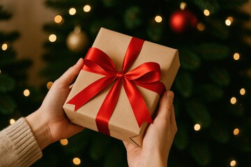 Gift-wrapped present held in hands with decorative bow in front of Christmas tree with lights and ornaments