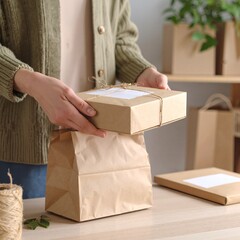 A woman with long hair is carefully placing fresh vegetables into a sturdy brown paper bag while standing in a bright, sunlit kitchen.