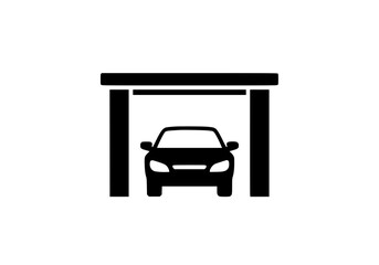 Vector art of black car parked inside garage structure icon