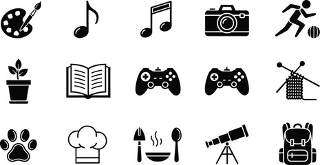 Collection of diverse hobby and activity icons vector art symbols for creative pursuits and pastimes