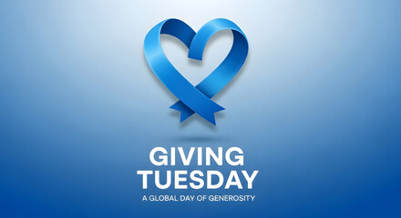 Blue ribbon shaped into a heart symbolizing giving tuesday and charitable giving on a gradient background