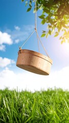 A rustic wooden bucket, weathered and aged, hangs from a sturdy branch of a lush green tree, swaying gently in the soft breeze under a clear blue sky.