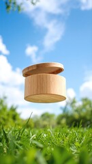 A rustic wooden jar, beautifully crafted with intricate carvings, rests atop a lush green grass patch, illuminated by soft sunlight filtering through leaves.