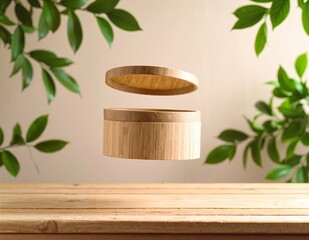 A beautifully crafted wooden ring rests elegantly on a rustic wooden table, showcasing its smooth texture and natural grain patterns, illuminated by soft light.