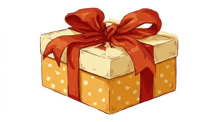 Naklejka premium A cream-colored gift box with orange polka dots, topped with a vibrant red ribbon tied in a bow