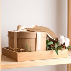 A rustic wooden shelf adorned with neatly stacked decorative boxes in various sizes, complemented by vibrant potted flowers adding a touch of nature.