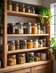 A rustic wooden shelf brimming with an assortment of glass jars and colorful containers, showcasing various spices, herbs, and pantry essentials.