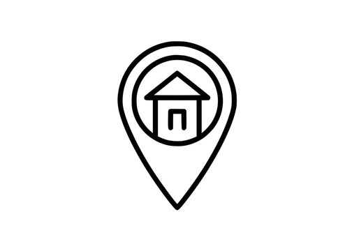 Vector art of minimalist black and white location pin icon with house symbol for real estate or navigation apps