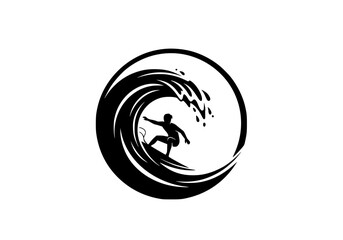 Vector art of surfer riding stylized monochrome wave logo, minimalist design