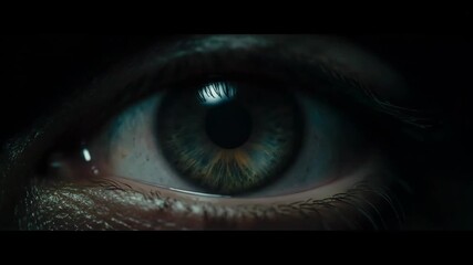 Intense close up of a human eye with a reflective gaze, conveying deep thought and intense focus in a dark, dramatic scene.