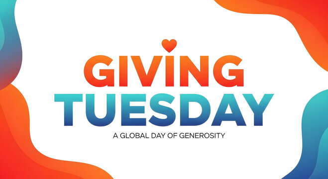 Giving tuesday text with a heart icon and colorful abstract shapes on a white background