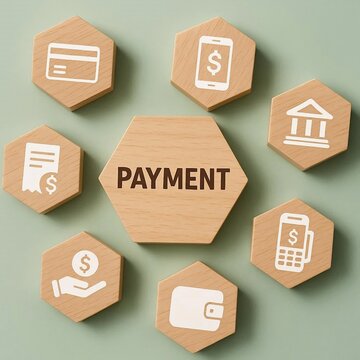 Payment Systems and Financial Technology Development. Wooden hexagonal blocks with payment icons, representing transaction processing, digital payments and fintech workflow strategy concept.