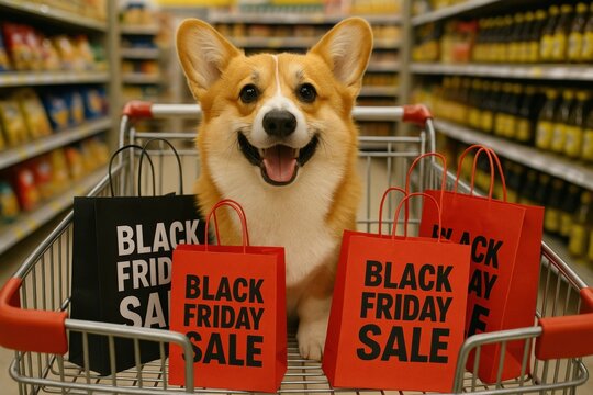 Corgi enjoys Black Friday shopping in a cart filled with sale bags at a grocery store