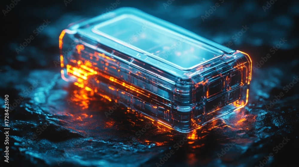 Sticker a vibrant container illuminated by blue and orange lights. it stands out against a dark backdrop, sh