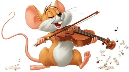 A cheerful, light-brown mouse with large ears joyfully plays a violin, surrounded by musical notes and sheet music fragments against a white background.  Its eyes 