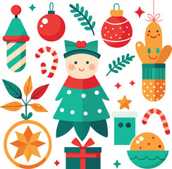 Fototapeta premium Vector art of a delightful flat design collection of christmas characters and symbols, including a gingerbread man, a festive doll, ornaments, candy canes, and gifts, isolated on a