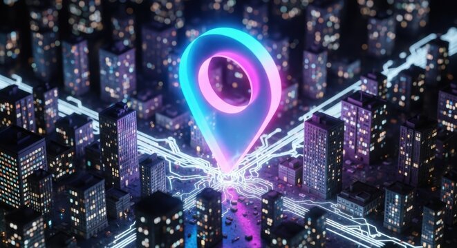 Futuristic Neon Cityscape with Glowing Digital Location Marker and Connecting Lines - Powered by Adobe