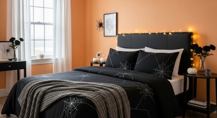 Halloween themed bedroom with spiderweb bedding on transparent background
