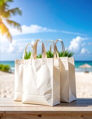 Two elegant white bags, crafted from soft fabric, rest on a rustic wooden table, showcasing their minimalist design against the warm grain of the wood.