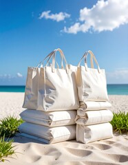 Two crumpled white bags rest atop a soft, golden pile of sand, their edges slightly flared, casting gentle shadows in the warm sunlight.