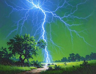 A vibrant green landscape is dramatically illuminated by a large, bright lightning bolt striking near a lone tree by a stream