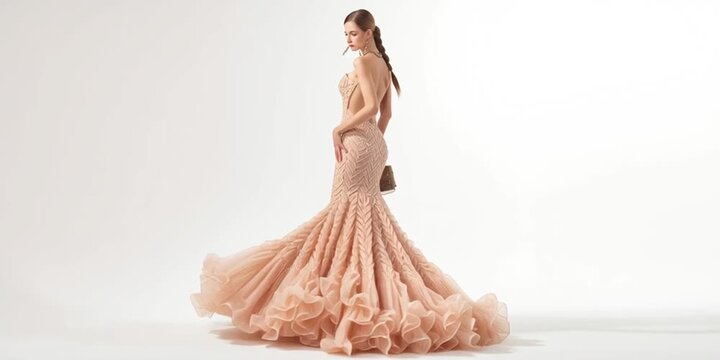 Elegant woman in a stunning gown poses confidently, showcasing beauty and fashion in a minimalist style.