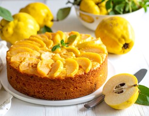 Quince cake on a white plate
