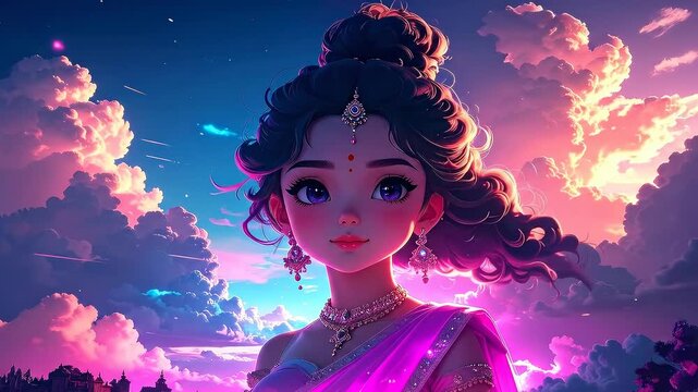 Ethereal Beauty: Anime Girl in Dreamy Cloudscape with Ornate Jewelry