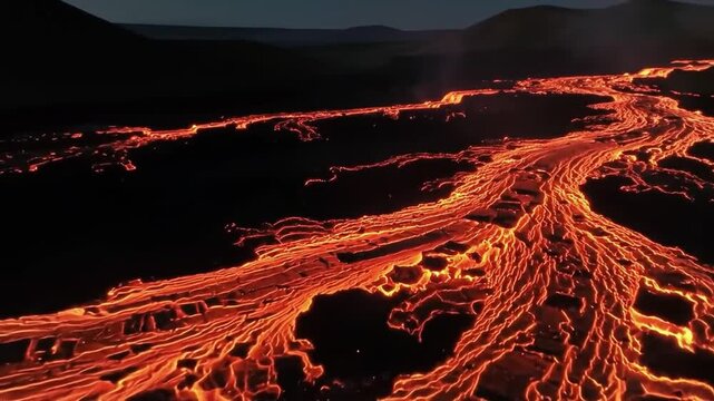 Aerial View of Flowing Glowing Lava Veins at Night Landscape Abstract fiery river Background Lava Flowing Magmatic Emission Cinematic Volcanic Activity Wallpaper Screen Saver