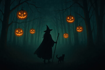 Witch black cat jack o lantern forest Halloween silhouette spooky dark night glowing pumpkin