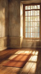 A sun-drenched interior room features a terracotta yoga mat on a light brown wooden floor, showcasing warm tones and a tranquil ambiance.