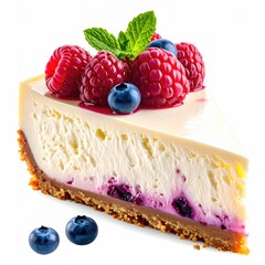 Creamy cheesecake slice, topped with fresh raspberries and blueberries, a hint of glaze, and a graham cracker crust, garnished with mint