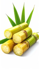 Four segments of yellowish-green sugarcane stalks, partially sliced, rest on a white background, adorned with vibrant green leaves