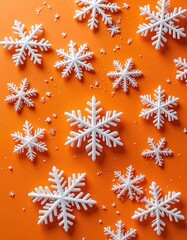 White snowflakes scattered on a vibrant orange background, creating a festive winter scene