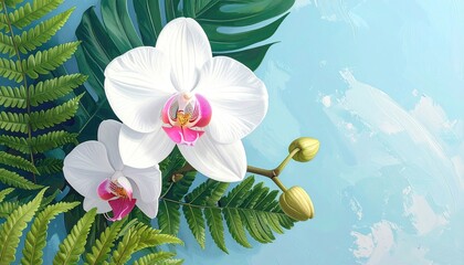 Two white orchids with pink centers, lush green ferns and monstera leaves against a light blue background