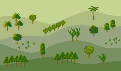 Landscape with hills and trees. Flat vector background.