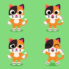 collection of calico cat characters doing various expression, happy, waving hand, sad and jumping.