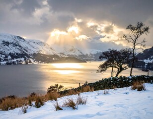 Winter sunbeams on a snowy lake landscape