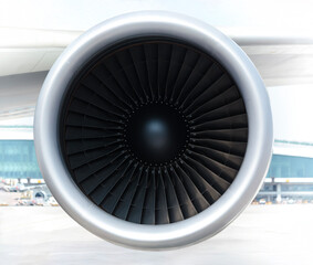 正面から見たタービンブレードの見えるジェットエンジンのクローズアップ