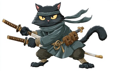 A fierce black cat, clad in a grey ninja outfit and wielding two swords, adopts a battle-ready stance, its yellow eyes narrowed in concentration