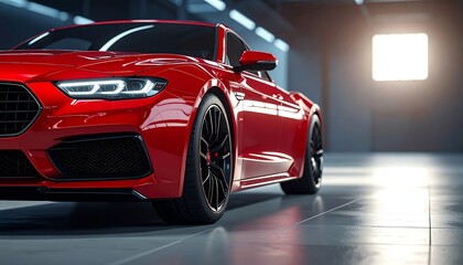 Red sports car night street scene with bright headlights, glossy finish, and modern design in an urban parking area.