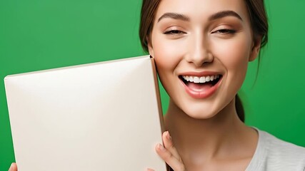 Young Woman Smiling Holding a Blank White Card or Signboard in Front of Green Screen, Friendly Business Professional Portrait, Happy Customer or Promotional Concept, Lifestyle Image - Powered by Adobe
