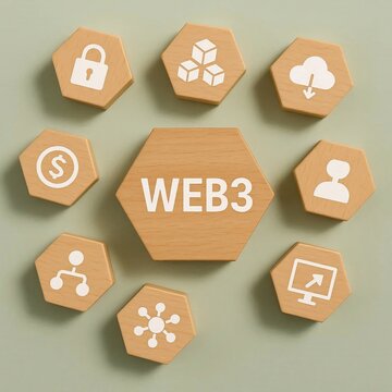 Web3 and Decentralized Internet Development. Wooden hexagonal blocks with Web3 icons, representing blockchain integration, decentralized applications and next-generation web workflow concept.