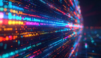 Digital data code stream background with glowing, colorful lines, representing modern technology, networking, and fast information transfer.